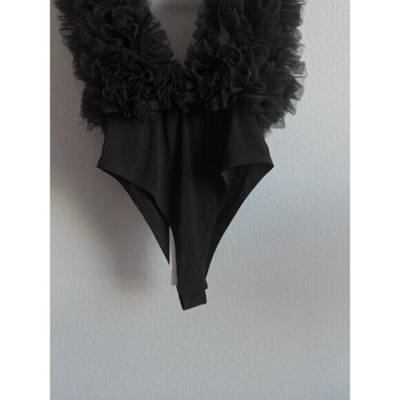 Klesis Women's Small Tulle Ruffled Black Deep-V Organza Bodysuit Sheer NEW - Picture 10 of 16